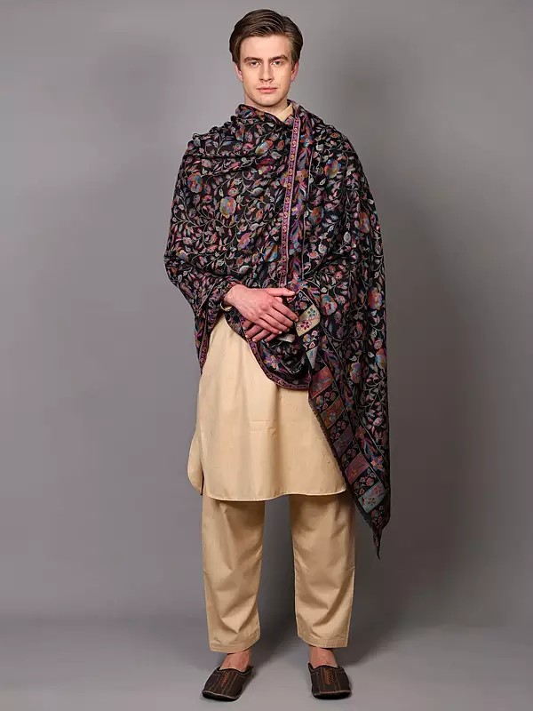 Wool Jamawar Shawl with Multicolor Floral Paisleys Weave from Punjab