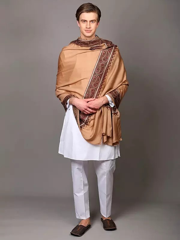 Wool Shawl with Zari Thread Embroidered Border Paisley and Corners from Punjab