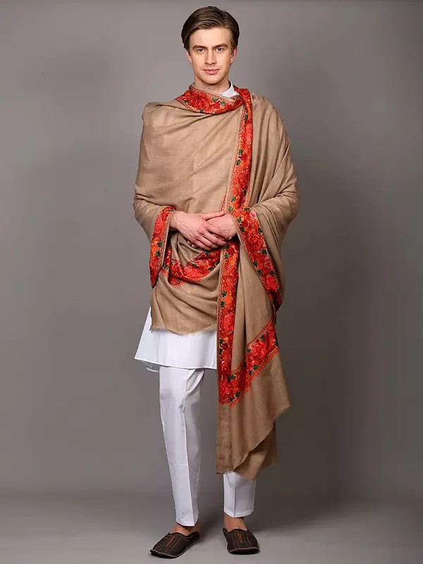 Men's Shawl with Aari Embroidered Floral Border from Punjab