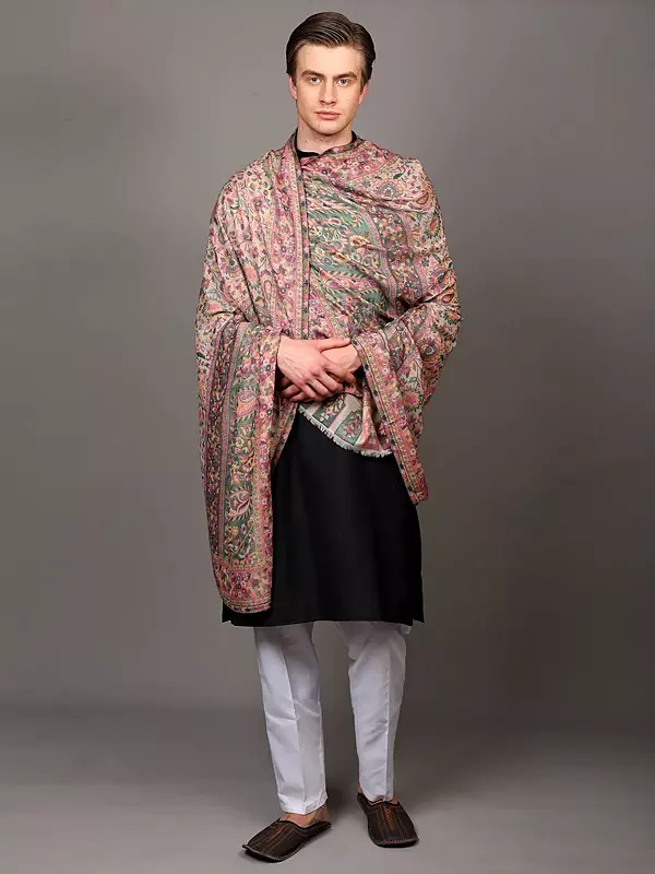 Jamawar Shawl from Amritsar with Woven Paisleys and Flowers in Multicolor