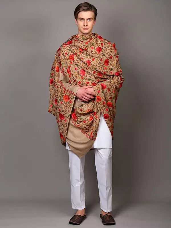 Men's Shawl from Amritsar with Aari Embroidered Flowers in Multicolor