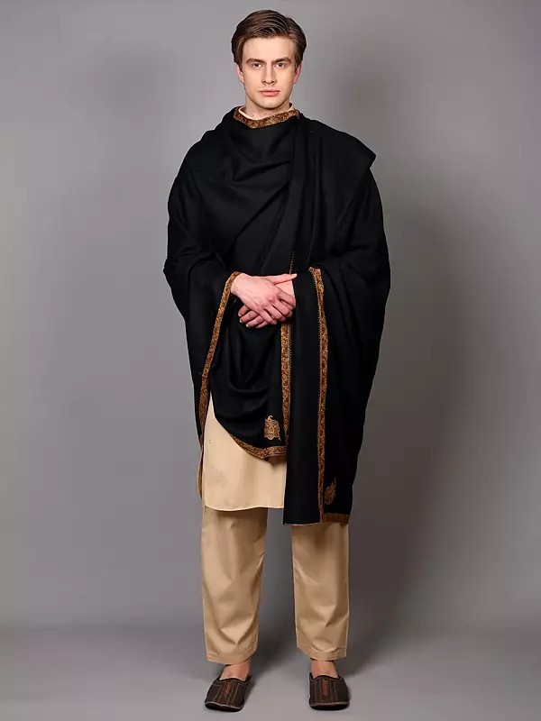 Kashmiri Shawl with Floral Sozni Hand-Embroidered Border and Paisley on Corners