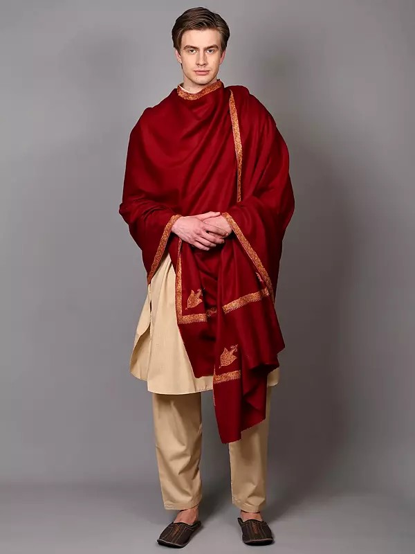 Kashmiri Shawl with Floral Sozni Hand-Embroidered Border and Paisley on Corners