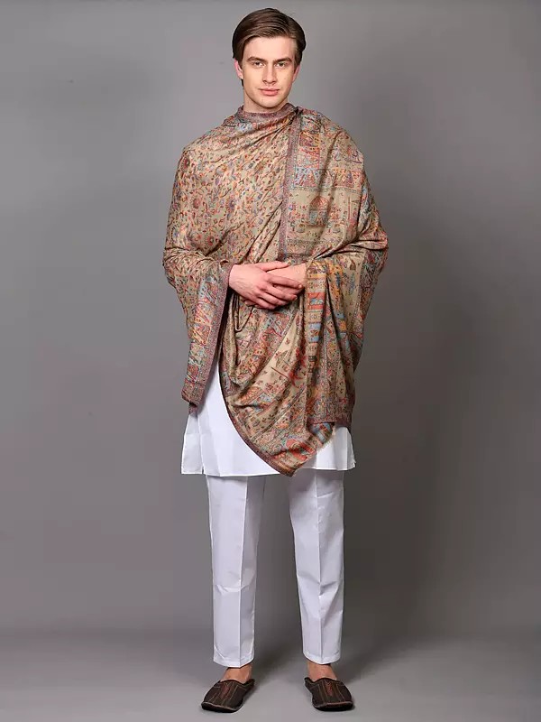 Floral Woven Jamawar Shawl with Procession of King Patterns Border from Amritsar