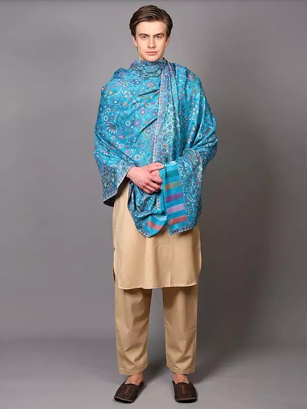 Wool Shawl for Men with All-Over Woven Flowers and Paisleys from Amritsar