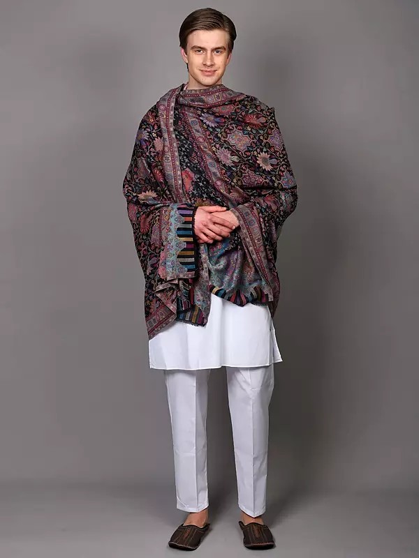Men's Shawl with Woven Multiclor Flowers Motifs Shawl from Amritsar