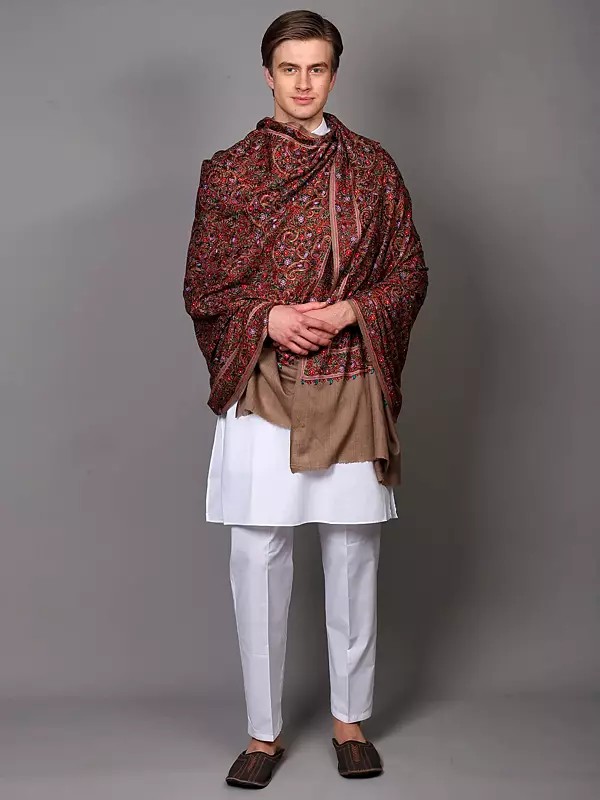 Pure Wool Diamond Weave Shawl from Kashmir with Intricate Heavy Thread Embroidered Paisley and Flowers