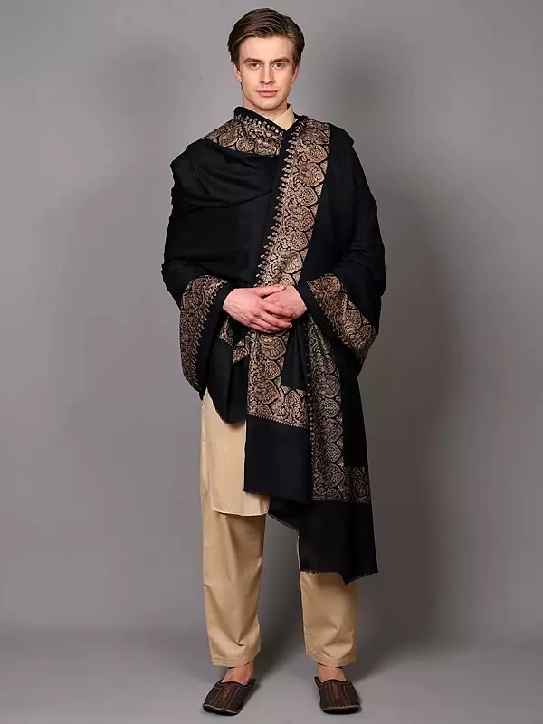 Pure Wool Shawl with Aari Embroidered Paisleys on Border from Punjab