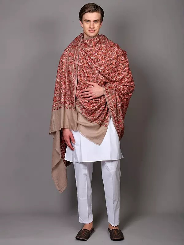 Pure Wool Kashmiri Shawl with Intricate Aari Embroidered Paisleys in Multicolor