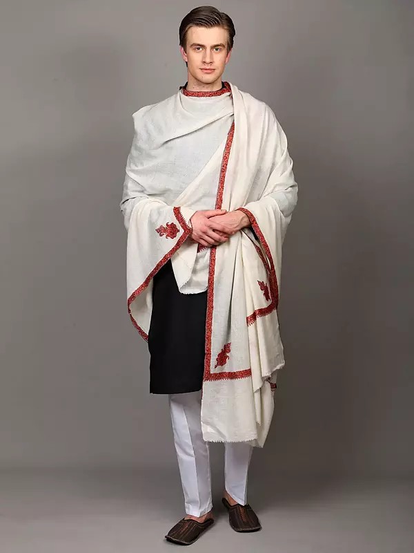 Pure Wool Kashmiri Shawl for Men with All-Over Diamond Weave and Sozni Hand Embroidered Border