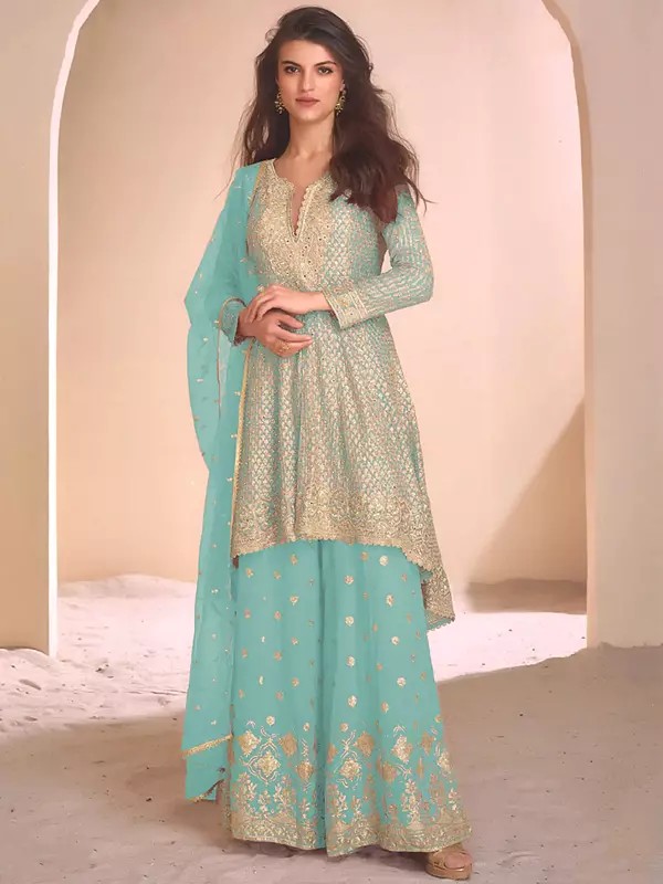 Women's Georgette Salwar Suit With Net Dupatta Heavy Thread Sequin Dori Embroidery Party Wear Designer Suit