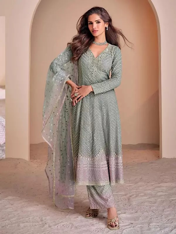 Women's Georgette Suit With Matching Bottom And Net Dupatta Heavy Thread Sequin Dori Embroidery For Party Wear