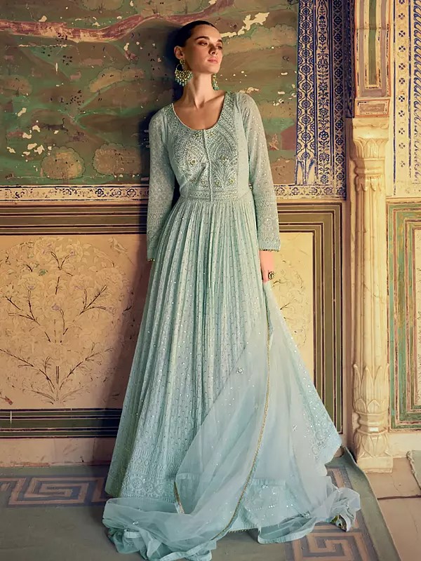 Sky-Blue Georgette Anarkali Suit With Exquisite Thread Sequin Chikankari Work For Wedding And Festive Celebrations