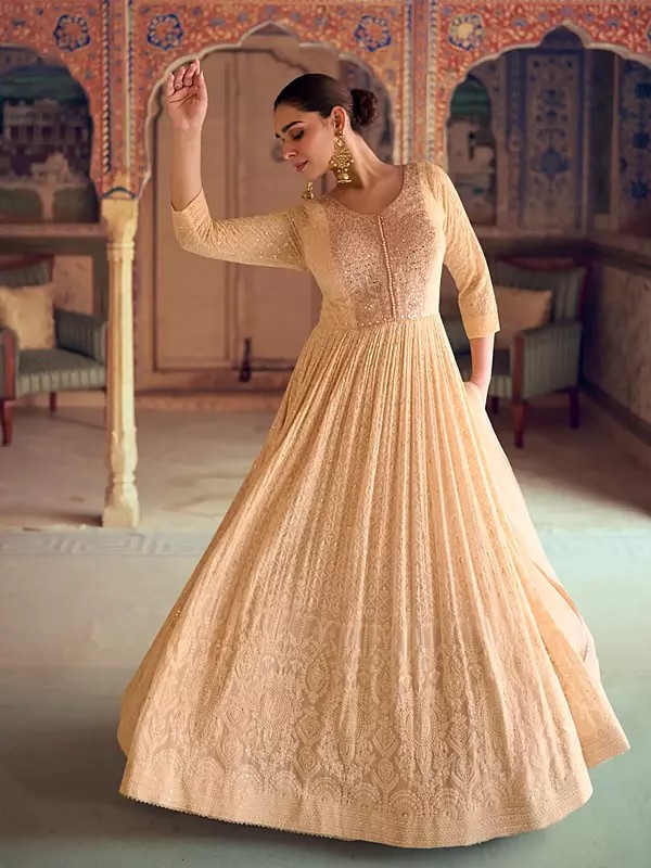 Beautiful Beige Georgette Anarkali Suit With Rich Thread Sequin Chikankari Detailing For Elegant Party And Reception Wear