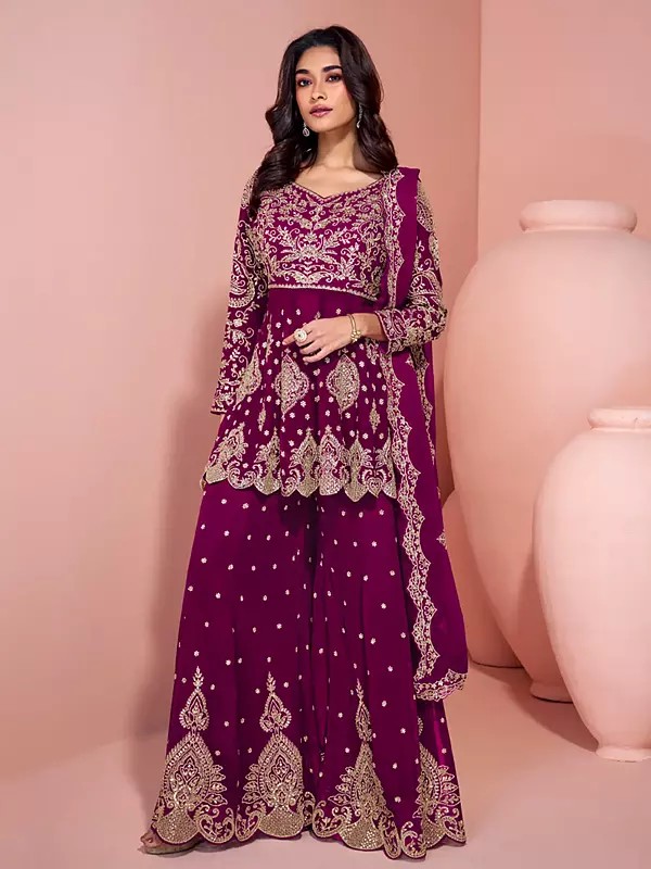 Georgette Sharara Suit With Heavy Thread Sequin Embroidery For Glamorous Sangeet Mehendi And Wedding Functions