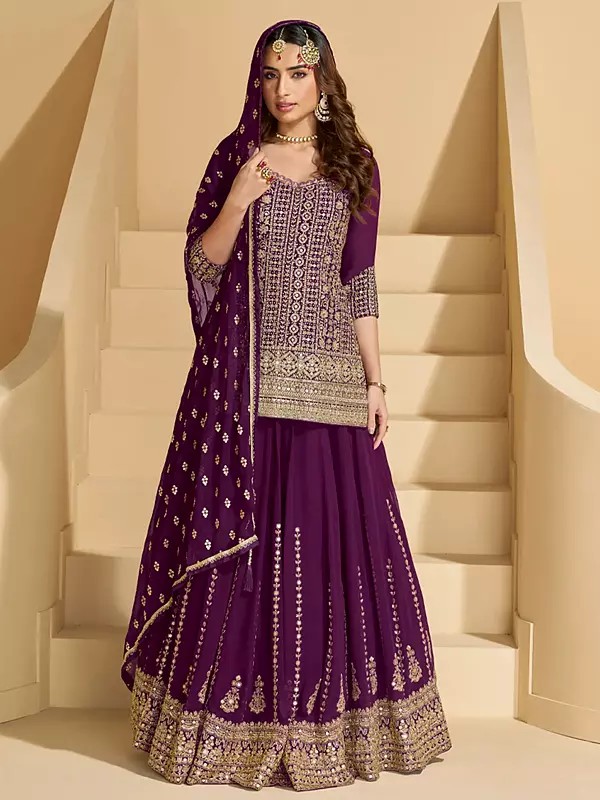 Purple Georgette Lehenga Suit With Luxurious Heavy Thread Sequin Embroidery For Bridal Reception And Festive Occasions