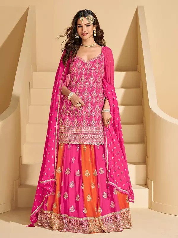 Pink Designer Georgette Sharara Suit With Ornate Heavy Thread Sequin Embroidery For Standout Festive And Wedding Wear