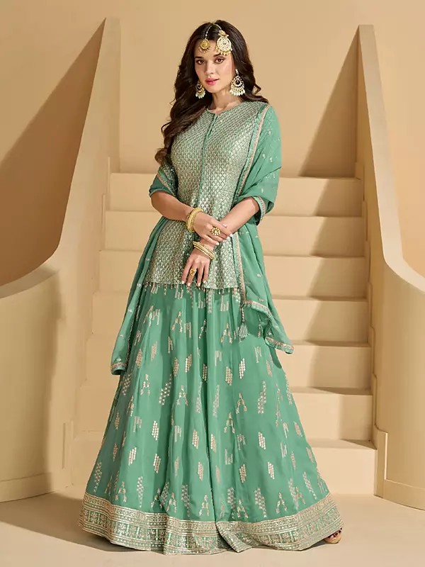 Elegant Sky-Blue Georgette Sharara Suit With Graceful Thread Sequin Embroidery For Wedding Festive And Party Wear
