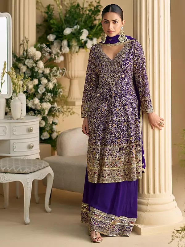 Purple Georgette Peplum Style Suit With Rich Thread Sequin Embroidery For Sangeet Reception And Festive Occasions