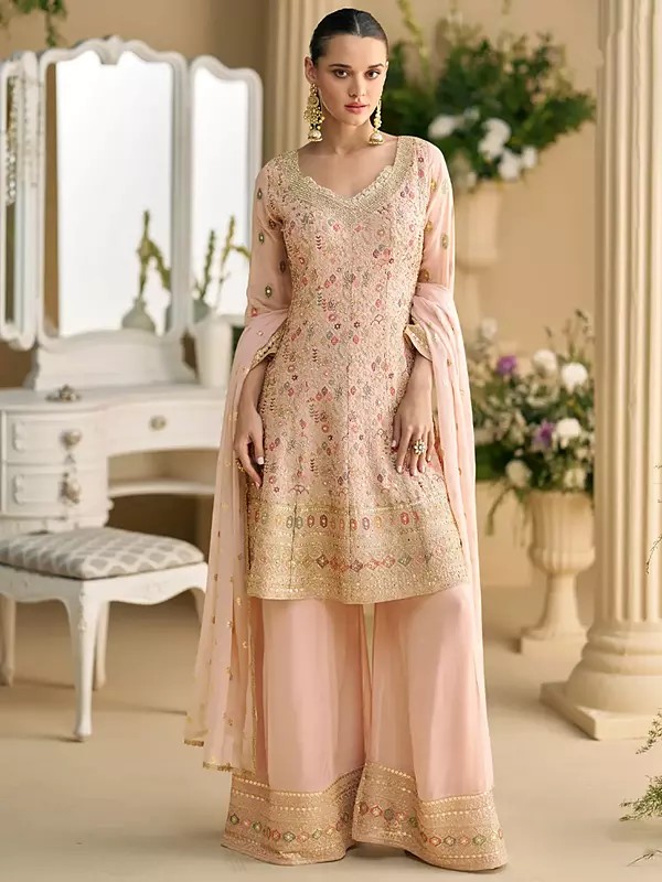 Light-Pink Georgette Peplum Style Suit With Delicate Floral Thread Sequin Embroidery For Wedding And Mehendi Functions