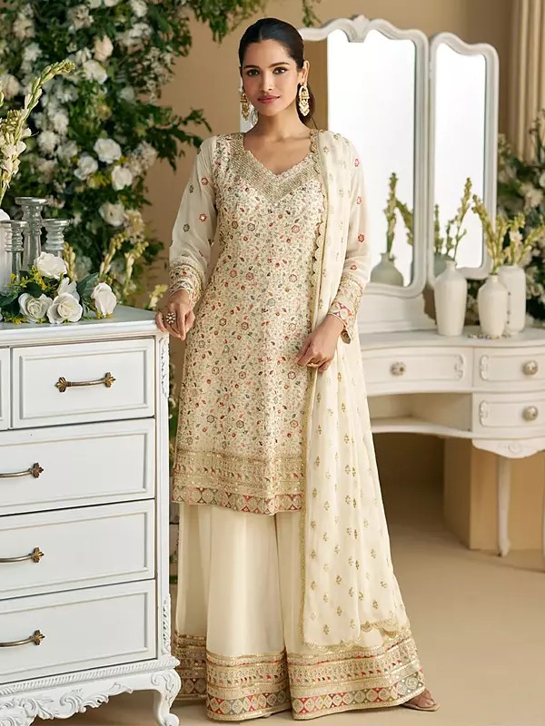 White Georgette Peplum Style Suit With All Over Thread Sequin Embroidery For Classic Bridal And Festive Celebrations