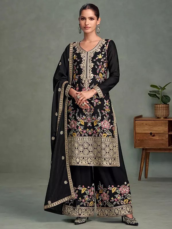 Black Chinon Long Straight Suit With Bottom And Rich Multi Thread Embroidery For Reception Evening And Festive Events