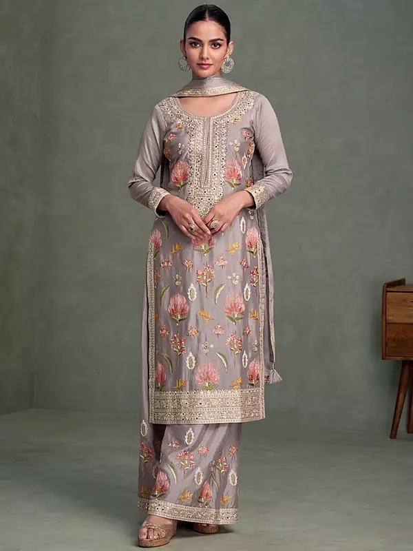 Grey Chinon Long Straight Suit With Bottom Featuring Elegant Multi Thread Embroidery For Wedding And Festive Functions