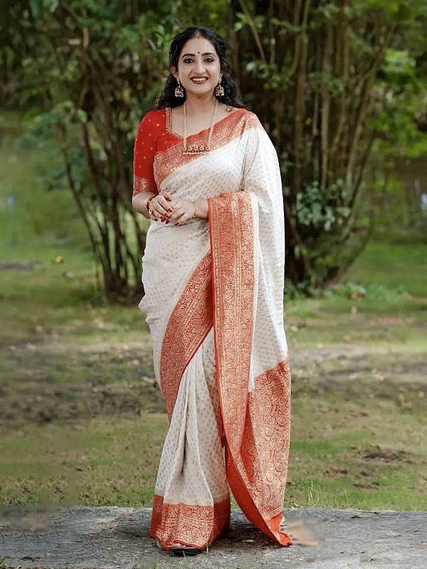 Orange-White Soft Lichi Silk Saree With Beautiful Rich Pallu And Designer Jacquard Weaving For Elegant Traditional Functions