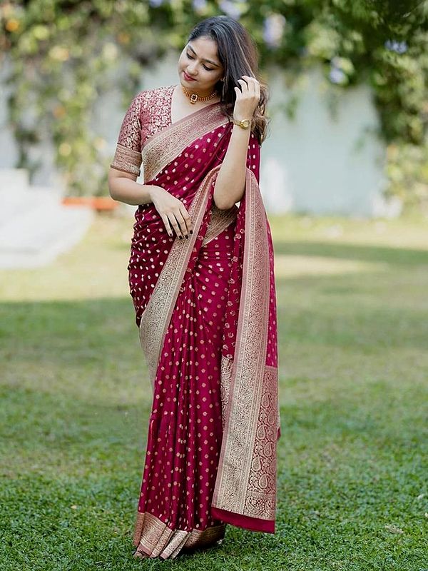 Maroon Soft Lichi Silk Saree With Beautiful Rich Pallu And All Over Jacquard Weaving Work For Festive Celebrations