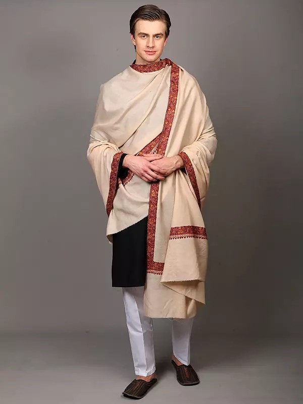 Pure Wool Men's Shawl from Kashmir with Floral Sozni Hand Embroidered Border