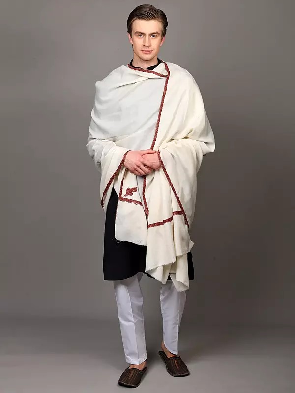 Plain Shawl from Kashmir with Sozni Embroidered Thin Border