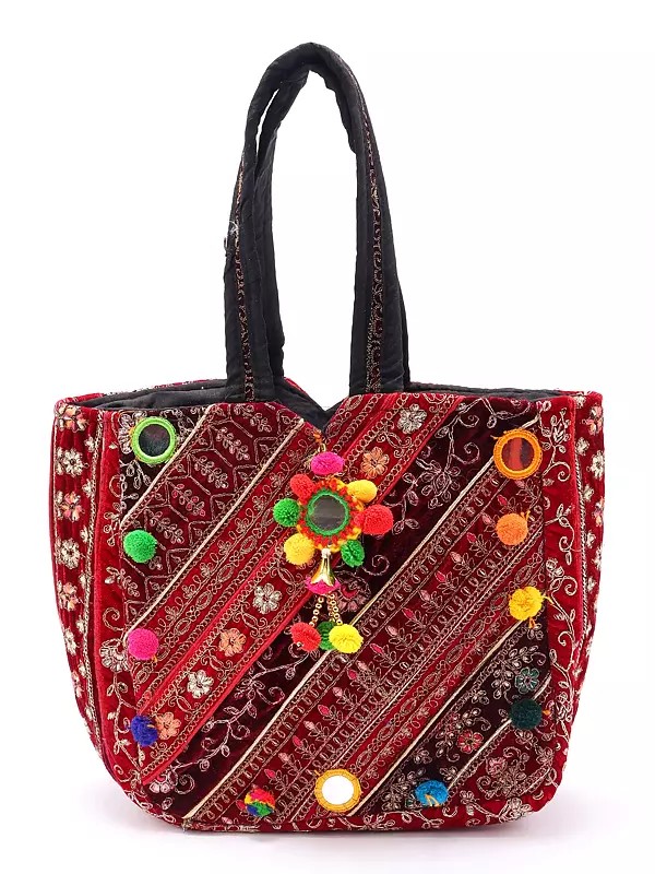 Patchwork Shopper Bag from Kutch with Zari-Mirror Embroidery and Pom Poms