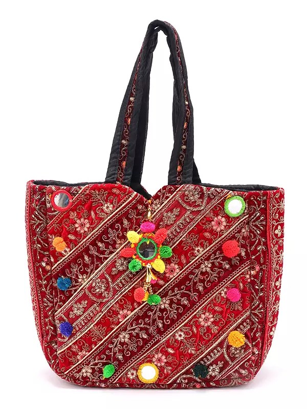 Patchwork Shopper Bag from Kutch with Zari-Mirror Embroidery and Pom Poms