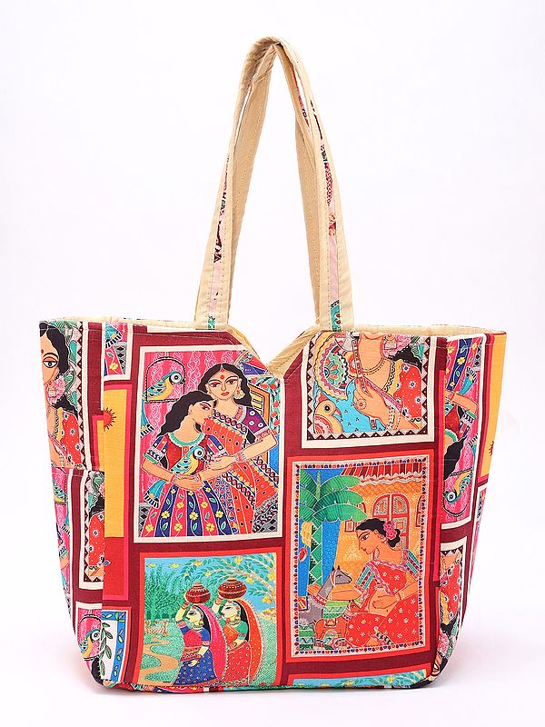 Madhubani Printed Tote Shopper Bag with Village Womens