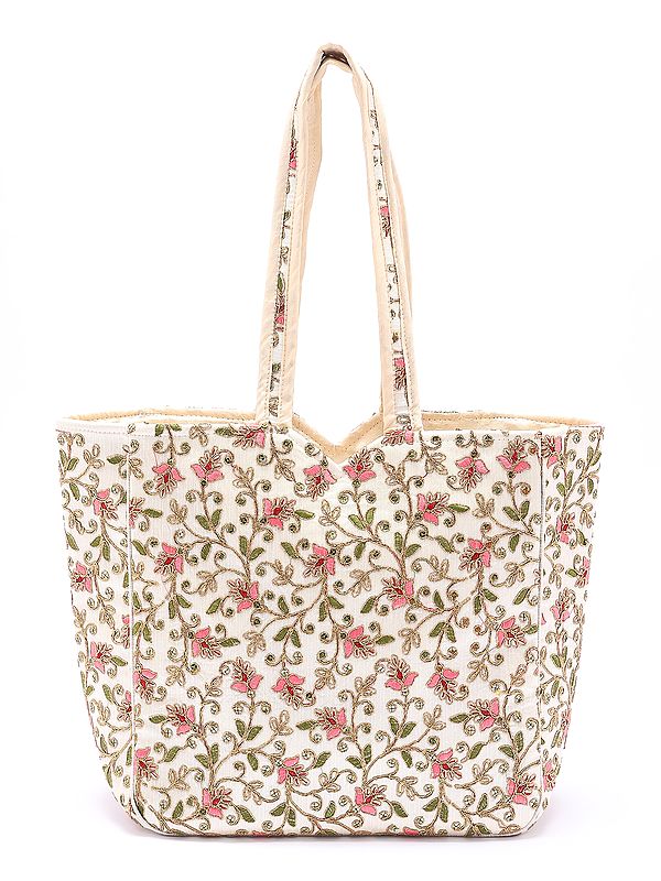 Shoulder Bag with Zari Embroidered Floral Vines Motifs