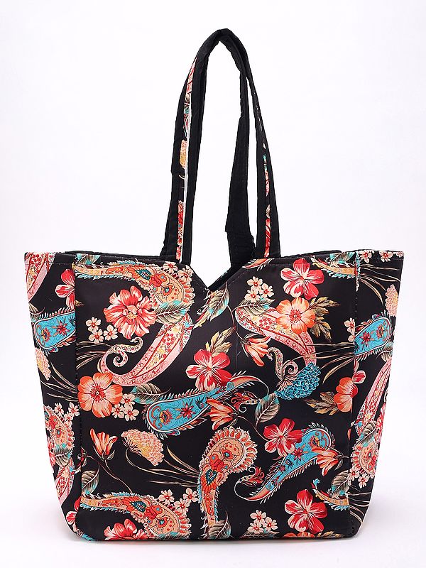 Shopper Bag with Printed Multicolor Paisleys and Zipper Closure