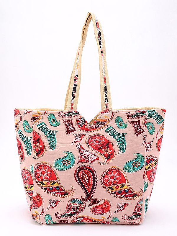 Shopper Bag with Printed Multicolor Paisleys and Zipper Closure