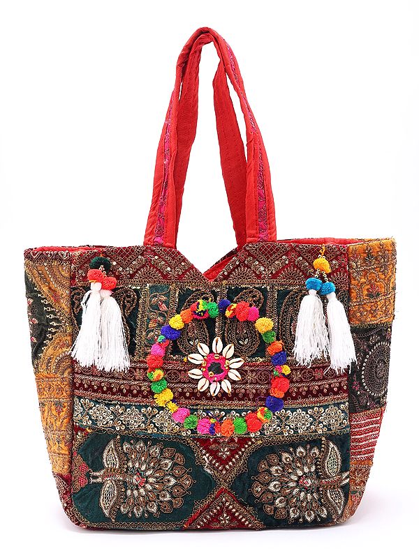 Multicolor Patchwork Zari-Sequins Embroidered Shoulder Bag from Kutch with Tassels and Cowrie Shell