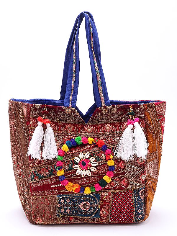 Multicolor Patchwork Zari-Sequins Embroidered Shoulder Bag from Kutch with Tassels and Cowrie Shell