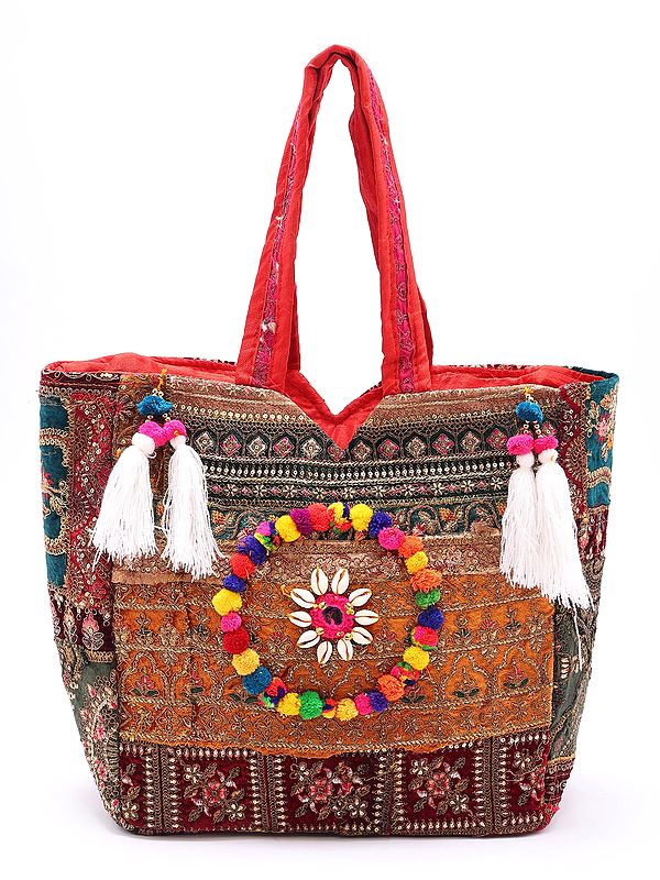 Bohemian Style Patchwork Tote Bag with Zari, Sequins, and Tassels