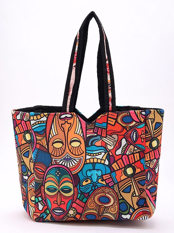 Shopper Bag with Printed African Tribal Mask on All-Over