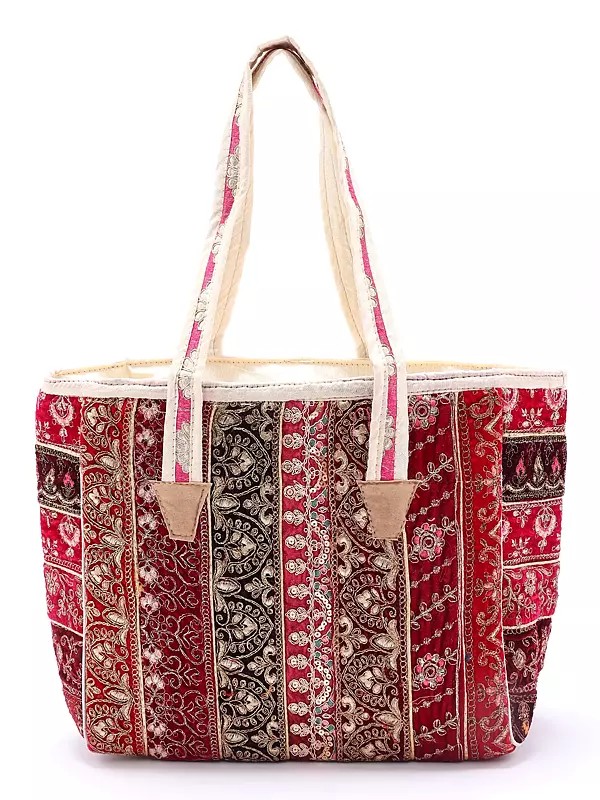 Patchwork Shoulder Tote Bag from Kutch with Floral Zari Embroidery