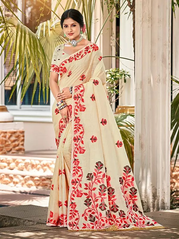 Women's Linen Saree With Intricate Floral Embroidery Suitable For Festive Party And Everyday Ethnic Wear