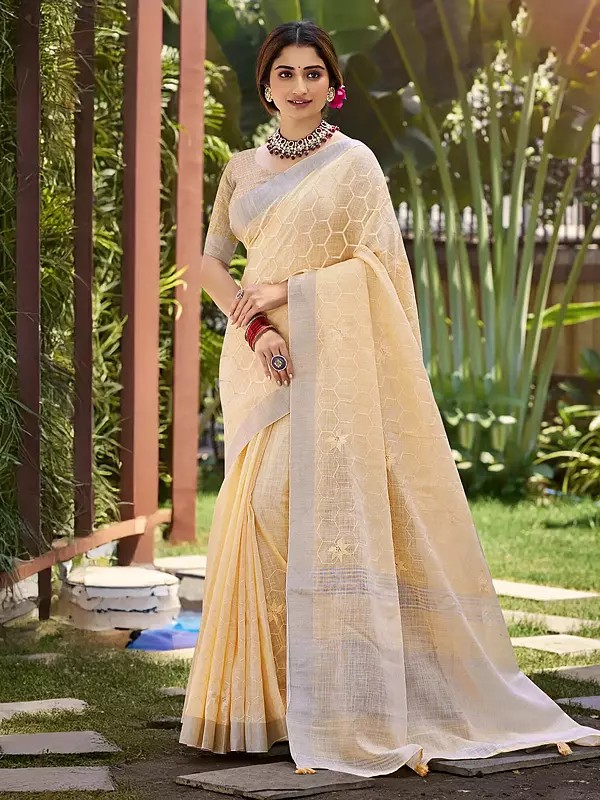 Graceful Woven Geometric Pattern Saree In Soft Linen Ideal For Office Wear Festive Occasions For Women