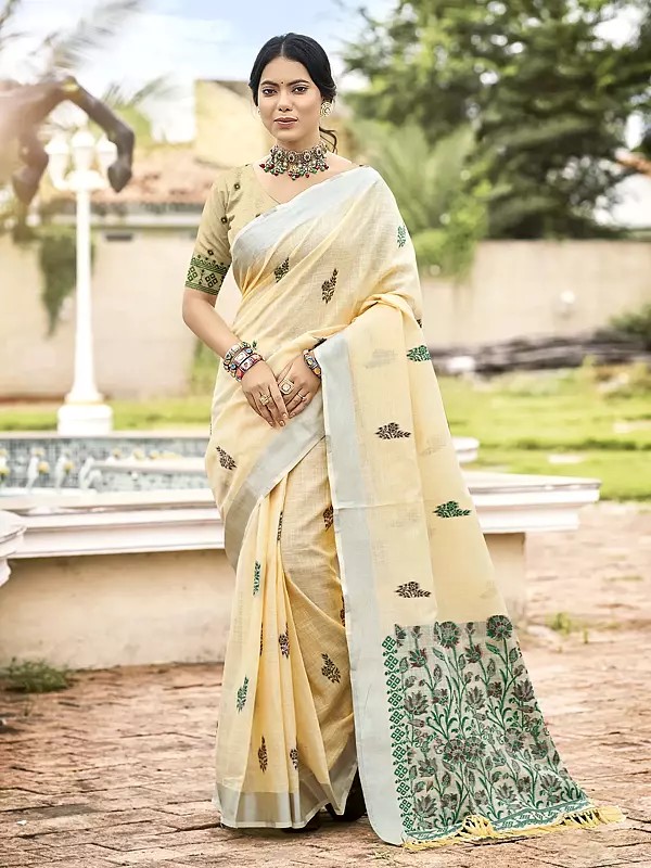 Floral Linen Saree With Contrast Border Ideal For Festive Functions Office Wear And Everyday Styling For Women