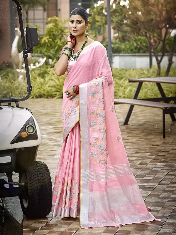 Women's Leaf Motif Linen Saree With Subtle Woven Design Perfect For Office Festive Gatherings And Everyday Wear