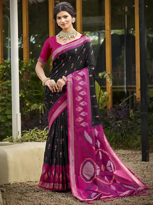 Festive Silk Saree With Bold Ikat Inspired Border Ideal For Wedding Functions Parties And Traditional Occasions