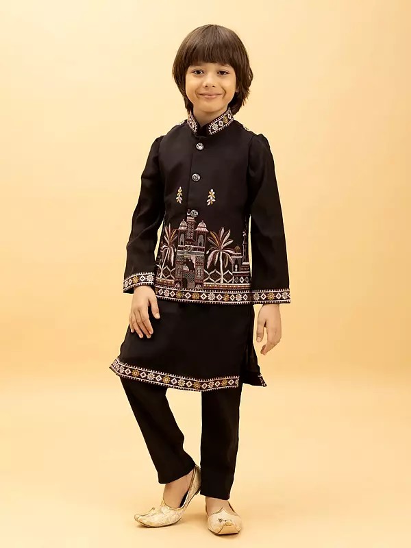 Kids Viscose Silk Kurta Set With Embroidered Koti Jacket For Boys Ideal For Wedding Functions Festive Celebrations