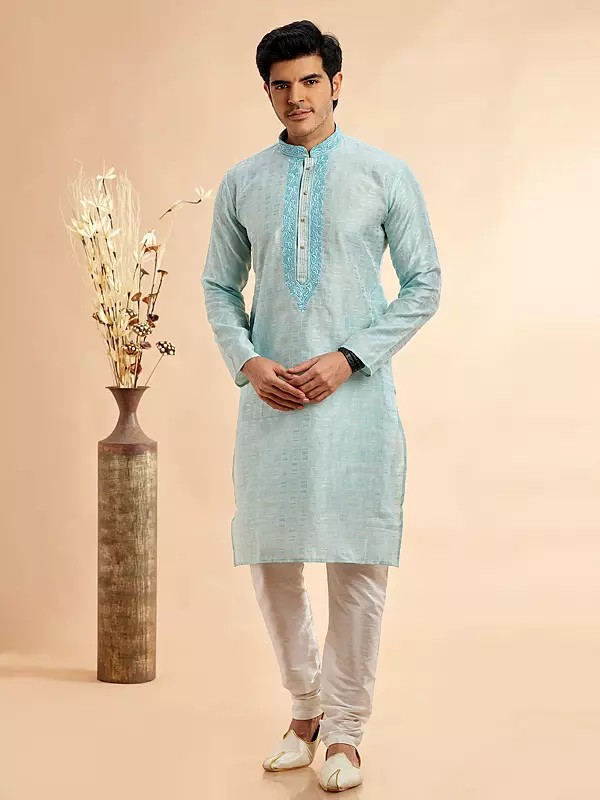 Jacquard Art Silk Men's Kurta Pajama Set With Dupion Silk Bottom And Machine Work Embroidery For Wedding And Festive Wear