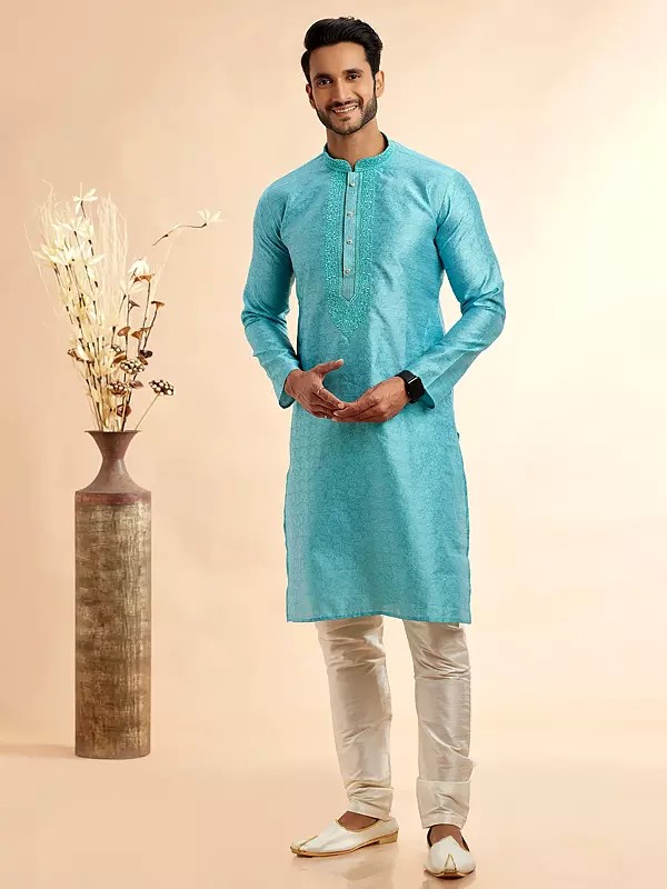 Men's Premium Jacquard Art Silk Kurta Pajama With Machine Embroidery Dupion Silk Bottom Ideal For Wedding Festive Wear